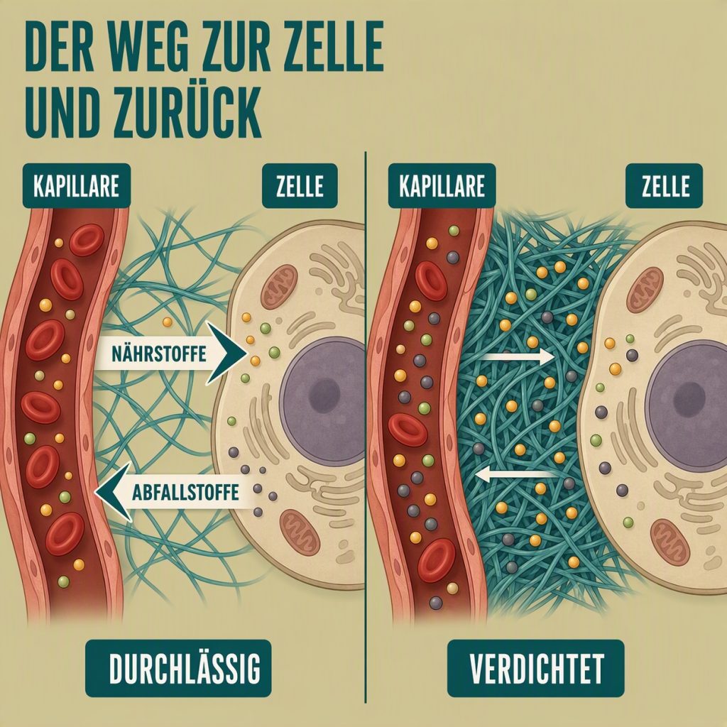 Illustration des Bindegewebes im Vergleich: durchlässiger und verdichteter Zwischenzellraum