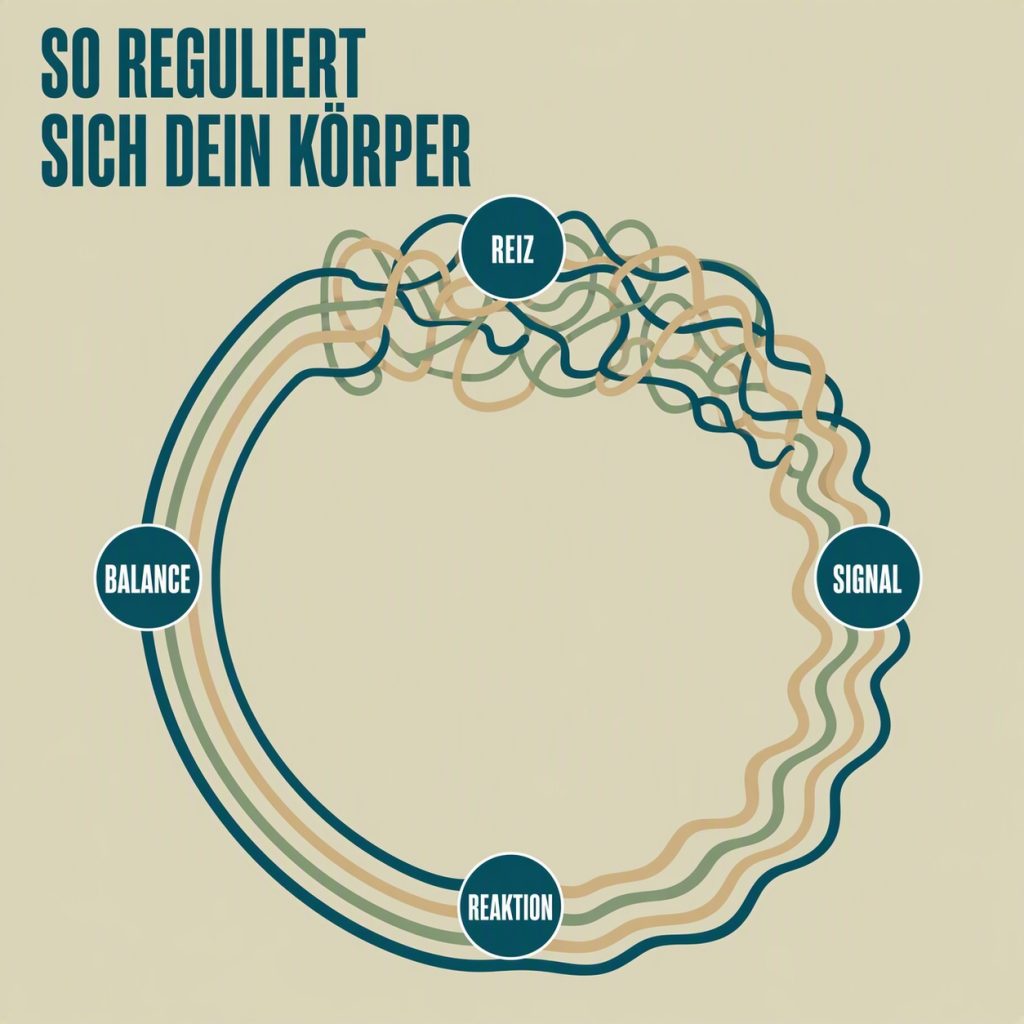 Illustration des Selbstregulationskreislaufs von Reiz über Reaktion und Signal zurück zur Balance