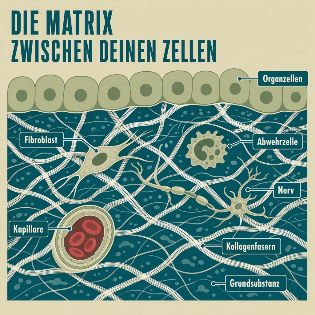 Illustration des Bindegewebes mit Zellen, Kollagenfasern, Kapillare, Nerven und Grundsubstanz